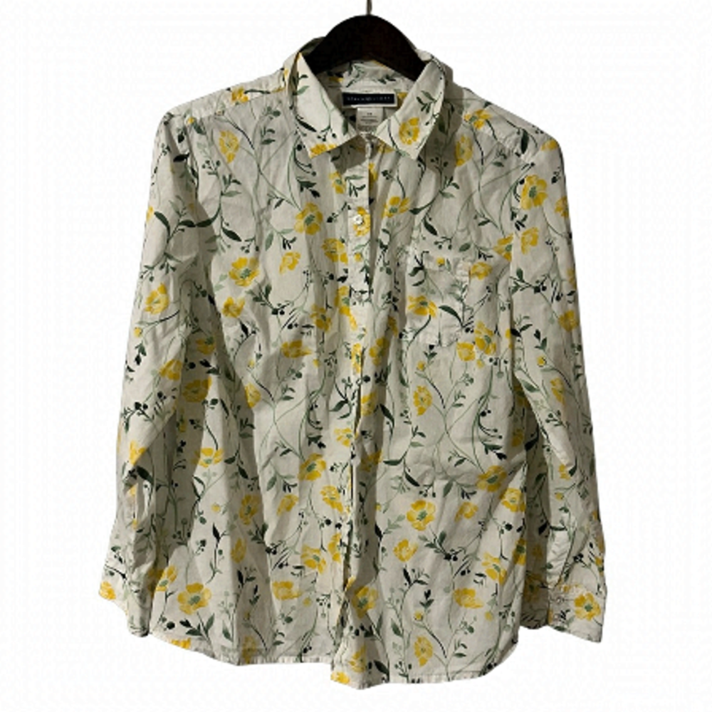 Karen Scott Women’s L Yellow Marigold Flower Vines Leaves Button-Down Blouse
